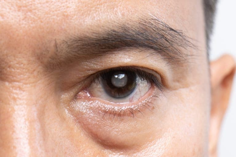 Close-up of a human eye with visible eyelashes and a glossy surface.