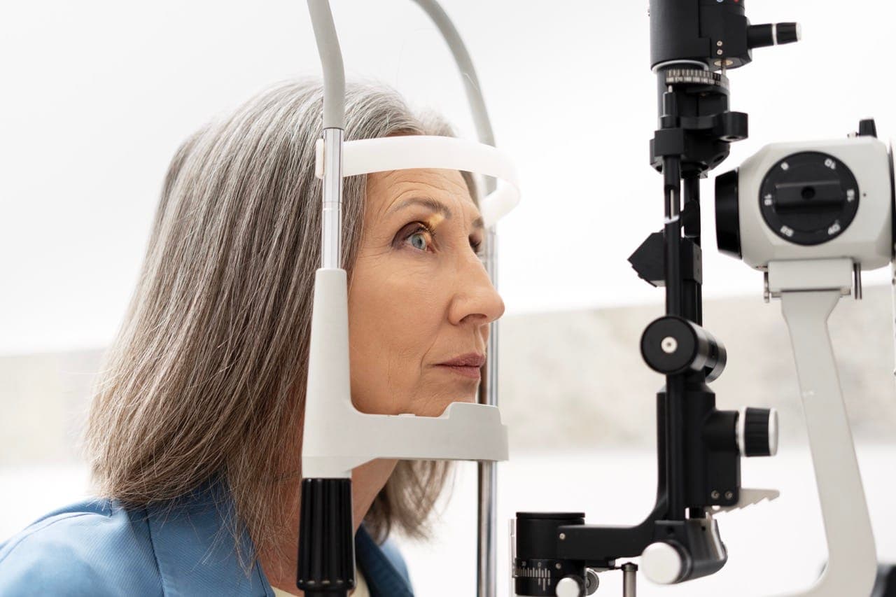 A woman undergoing an eye examination using a slit lamp.