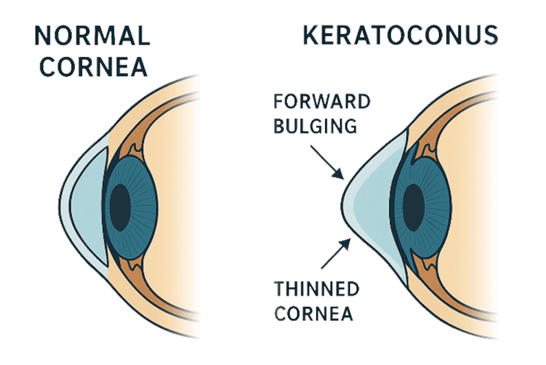 Diagram comparing a normal cornea with a keratoconus cornea, showing forward bulging and thinned cornea